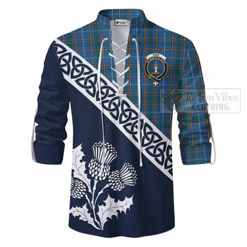 Bain Tartan Ghillie Kilt Shirt Featuring Thistle and Scotland Map - Tartan Vibes Clothing
