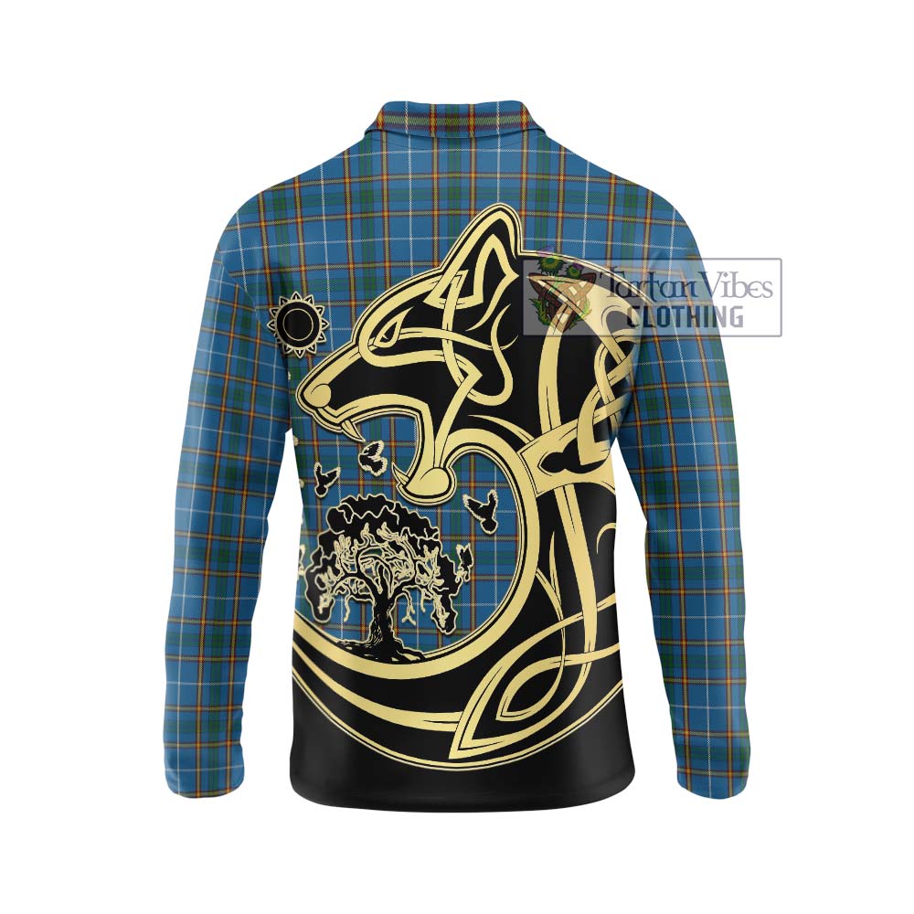 Bain Tartan Long Sleeve Polo Shirt with Family Crest Celtic Wolf Style - Tartan Vibes Clothing