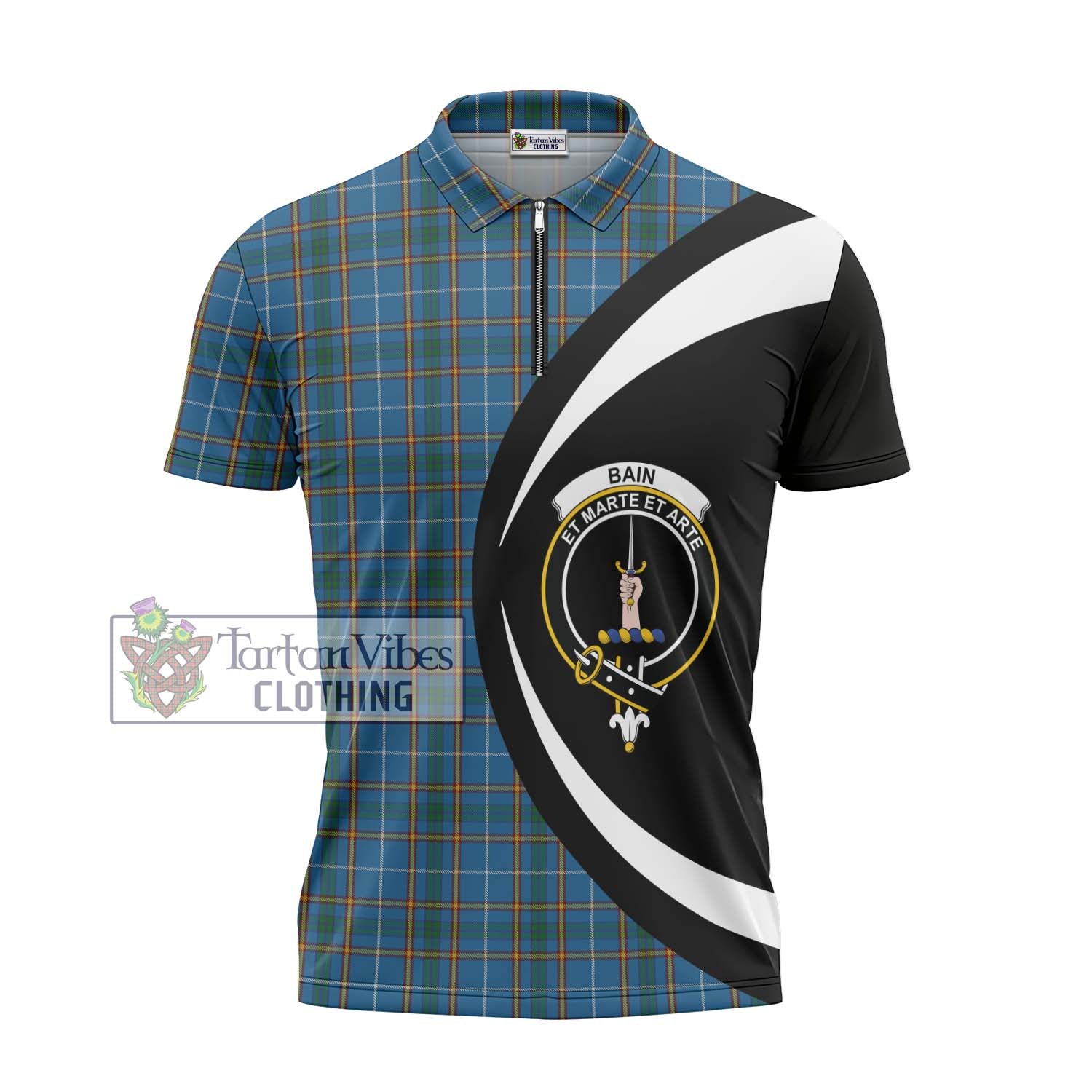 Bain Tartan Zipper Polo Shirt with Family Crest Circle Style - Tartan Vibes Clothing