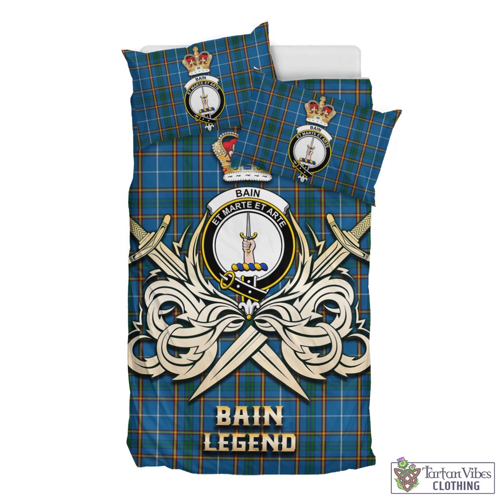 Tartan Vibes Clothing Bain Tartan Bedding Set with Clan Crest and the Golden Sword of Courageous Legacy