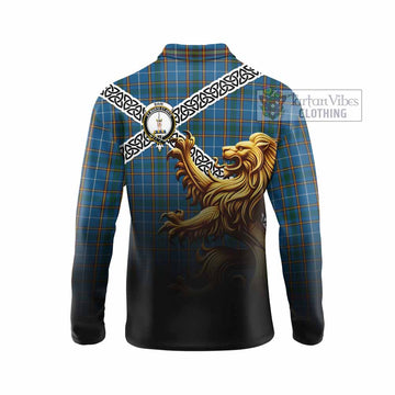 Bain Crest Tartan Long Sleeve Polo Shirt with Golden Lion Emblem Celtic Style - Tartan Vibes Clothing