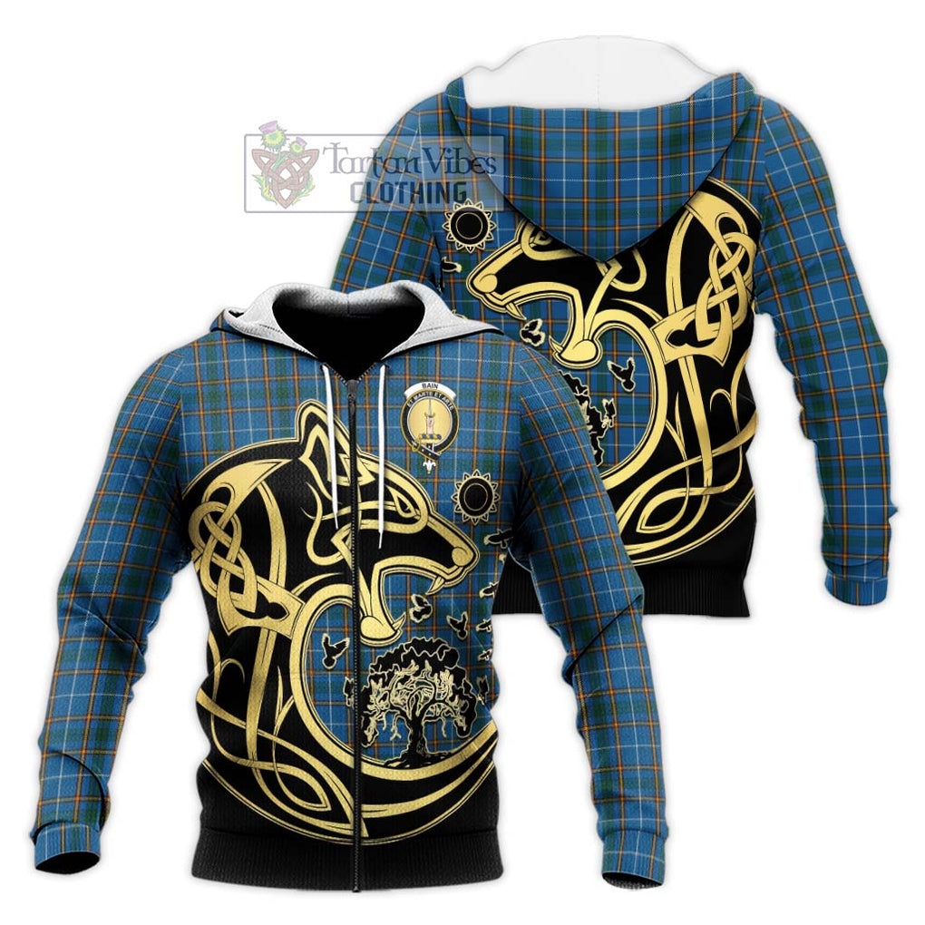 Bain Tartan Knitted Hoodie with Family Crest Celtic Wolf Style Unisex Knitted Zip Hoodie - Tartan Vibes Clothing
