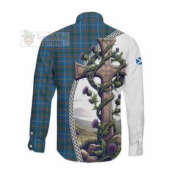 Bain Tartan Long Sleeve Button Shirt with Family Crest and St. Andrew's Cross Accented by Thistle Vines Men's Shirt - Tartan Vibes Clothing