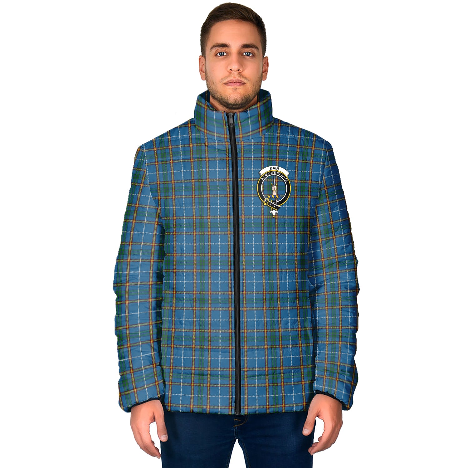 Bain Tartan Padded Jacket with Family Crest - Tartan Vibes Clothing
