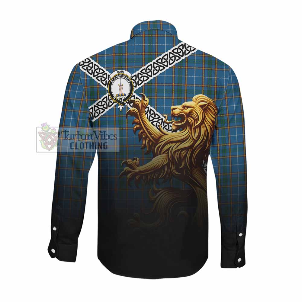 Bain Crest Tartan Long Sleeve Button Shirt with Golden Lion Emblem Celtic Style Men's Shirt - Tartan Vibes Clothing