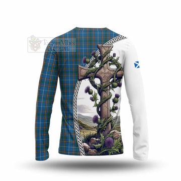 Bain Tartan Long Sleeve T-Shirt with Family Crest and St. Andrew's Cross Accented by Thistle Vines - Tartan Vibes Clothing