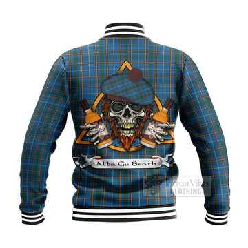 Bain Tartan Baseball Jacket with Family Crest and Bearded Skull Holding Bottles of Whiskey - Tartan Vibes Clothing