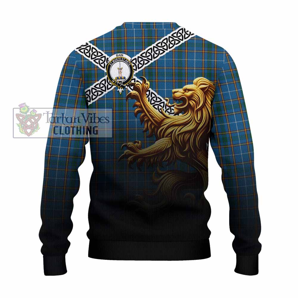 Bain Crest Tartan Knitted Sweater with Golden Lion Emblem Celtic Style - Tartan Vibes Clothing