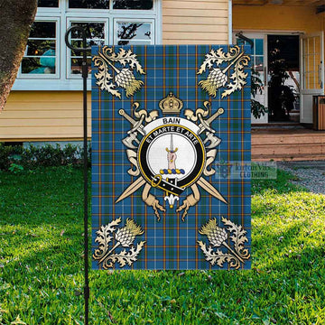 Tartan Vibes Clothing Bain Tartan Flag with Family Crest and Golden Thistle Crossed Sword Design