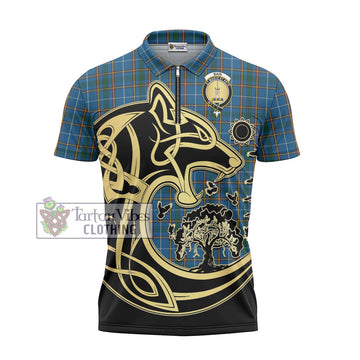Bain Tartan Zipper Polo Shirt with Family Crest Celtic Wolf Style - Tartan Vibes Clothing