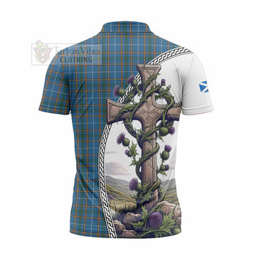 Bain Tartan Zipper Polo Shirt with Family Crest and St. Andrew's Cross Accented by Thistle Vines - Tartan Vibes Clothing