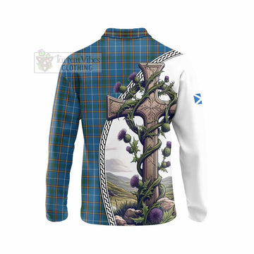 Bain Tartan Long Sleeve Polo Shirt with Family Crest and St. Andrew's Cross Accented by Thistle Vines - Tartan Vibes Clothing