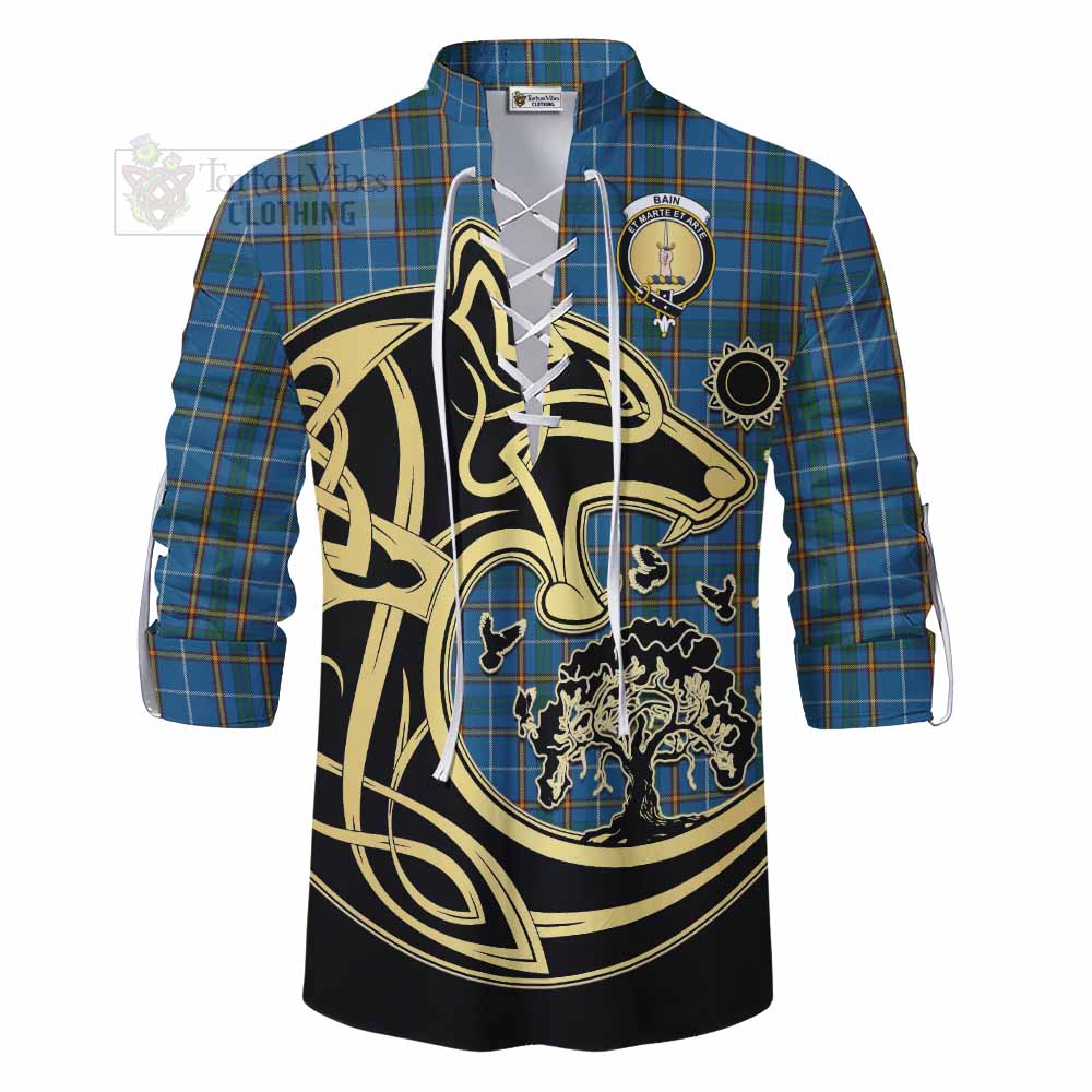 Bain Tartan Ghillie Kilt Shirt with Family Crest Celtic Wolf Style - Tartan Vibes Clothing