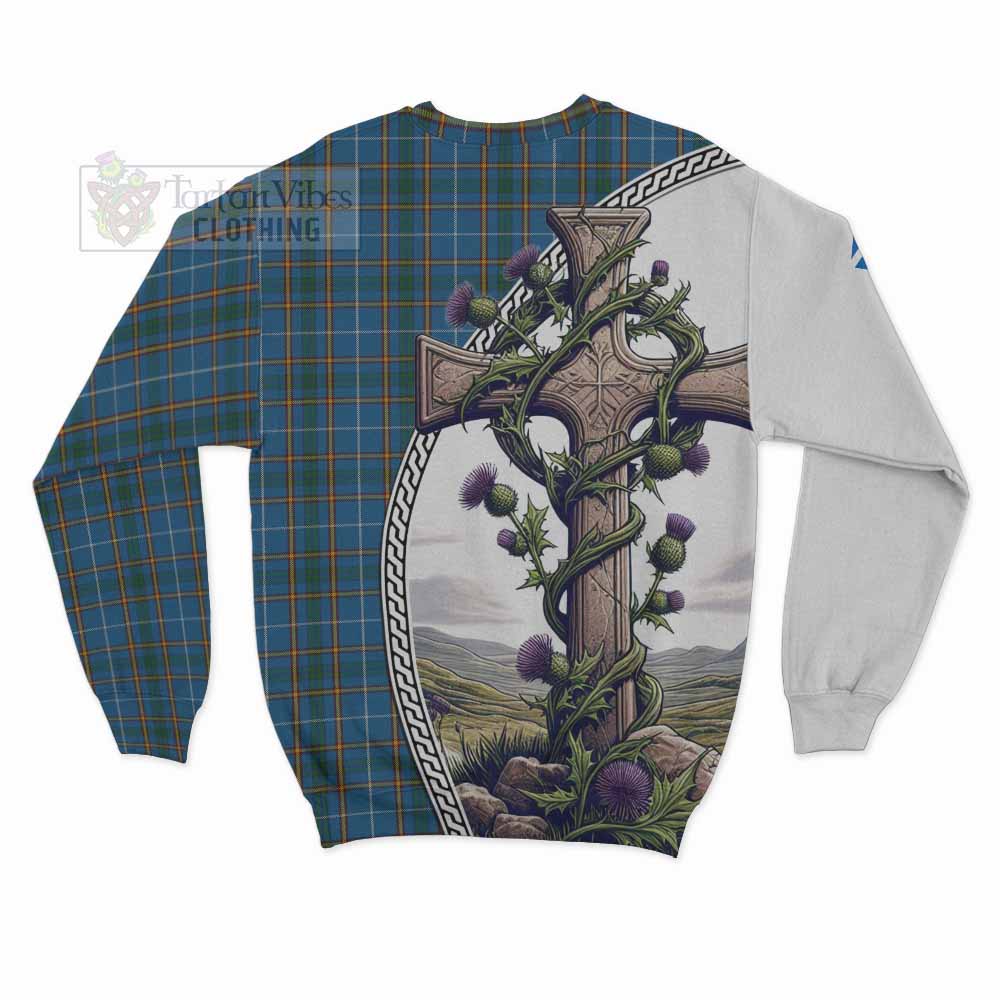 Bain Tartan Sweatshirt with Family Crest and St. Andrew's Cross Accented by Thistle Vines - Tartan Vibes Clothing