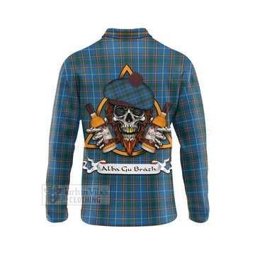 Bain Tartan Long Sleeve Polo Shirt with Family Crest and Bearded Skull Holding Bottles of Whiskey - Tartan Vibes Clothing