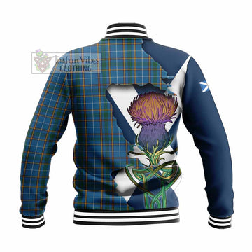 Tartan Vibes Clothing Bain Tartan Family Crest Baseball Jacket Scottish Thistle Celtic Inspired