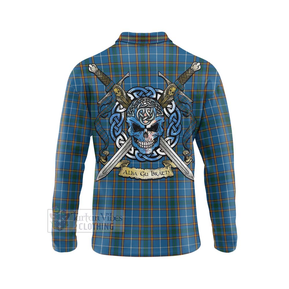 Bain Tartan Long Sleeve Polo Shirt with Family Crest Celtic Skull Style - Tartan Vibes Clothing