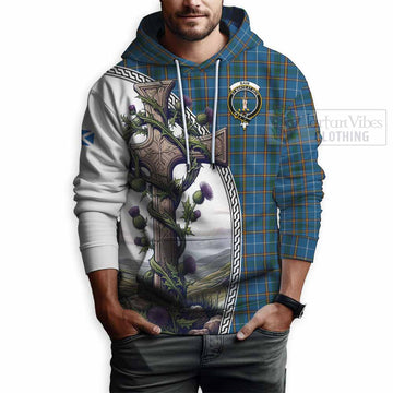 Bain Tartan Hoodie with Family Crest and St. Andrew's Cross Accented by Thistle Vines - Tartan Vibes Clothing