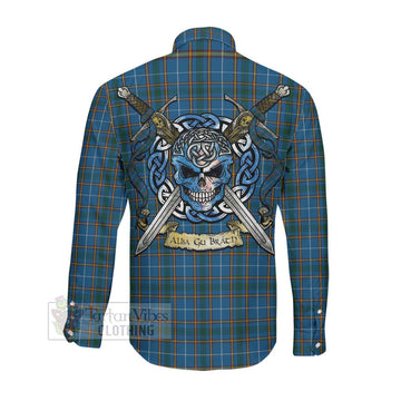 Bain Tartan Long Sleeve Button Shirt with Family Crest Celtic Skull Style Men's Shirt - Tartan Vibes Clothing
