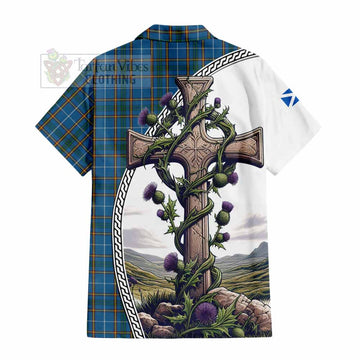 Bain Tartan Hawaiian Shirt with Family Crest and St. Andrew's Cross Accented by Thistle Vines - Tartan Vibes Clothing