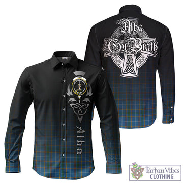 Tartan Vibes Clothing Bain Tartan Long Sleeve Button Up Featuring Alba Gu Brath Family Crest Celtic Inspired