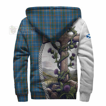 Bain Tartan Sherpa Hoodie with Family Crest and St. Andrew's Cross Accented by Thistle Vines - Tartan Vibes Clothing