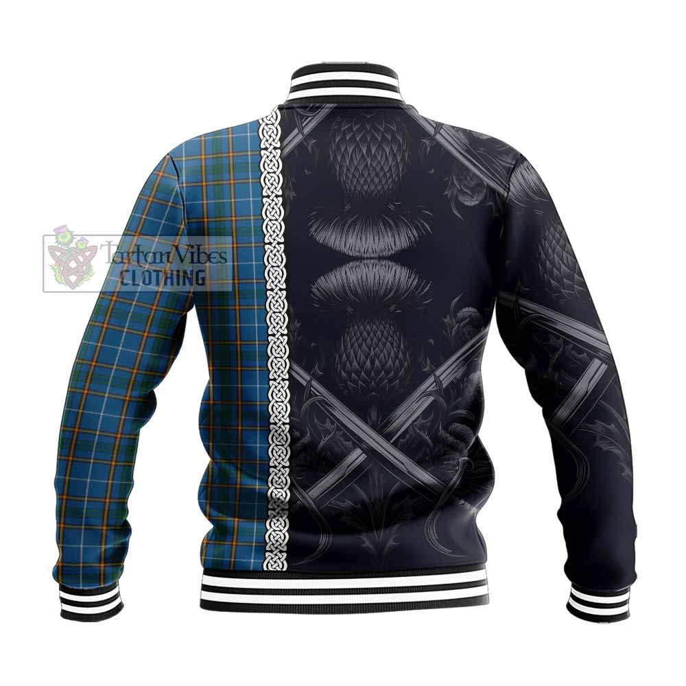 Bain Tartan Baseball Jacket with Family Crest Cross Sword Thistle Celtic Vibes - Tartan Vibes Clothing