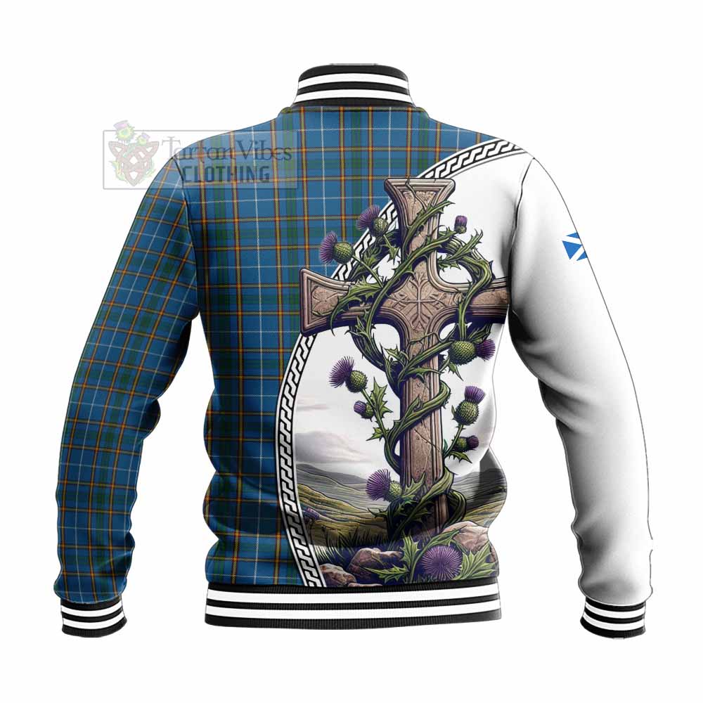 Bain Tartan Baseball Jacket with Family Crest and St. Andrew's Cross Accented by Thistle Vines - Tartan Vibes Clothing