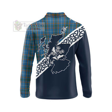 Bain Tartan Long Sleeve Polo Shirt Featuring Thistle and Scotland Map - Tartan Vibes Clothing