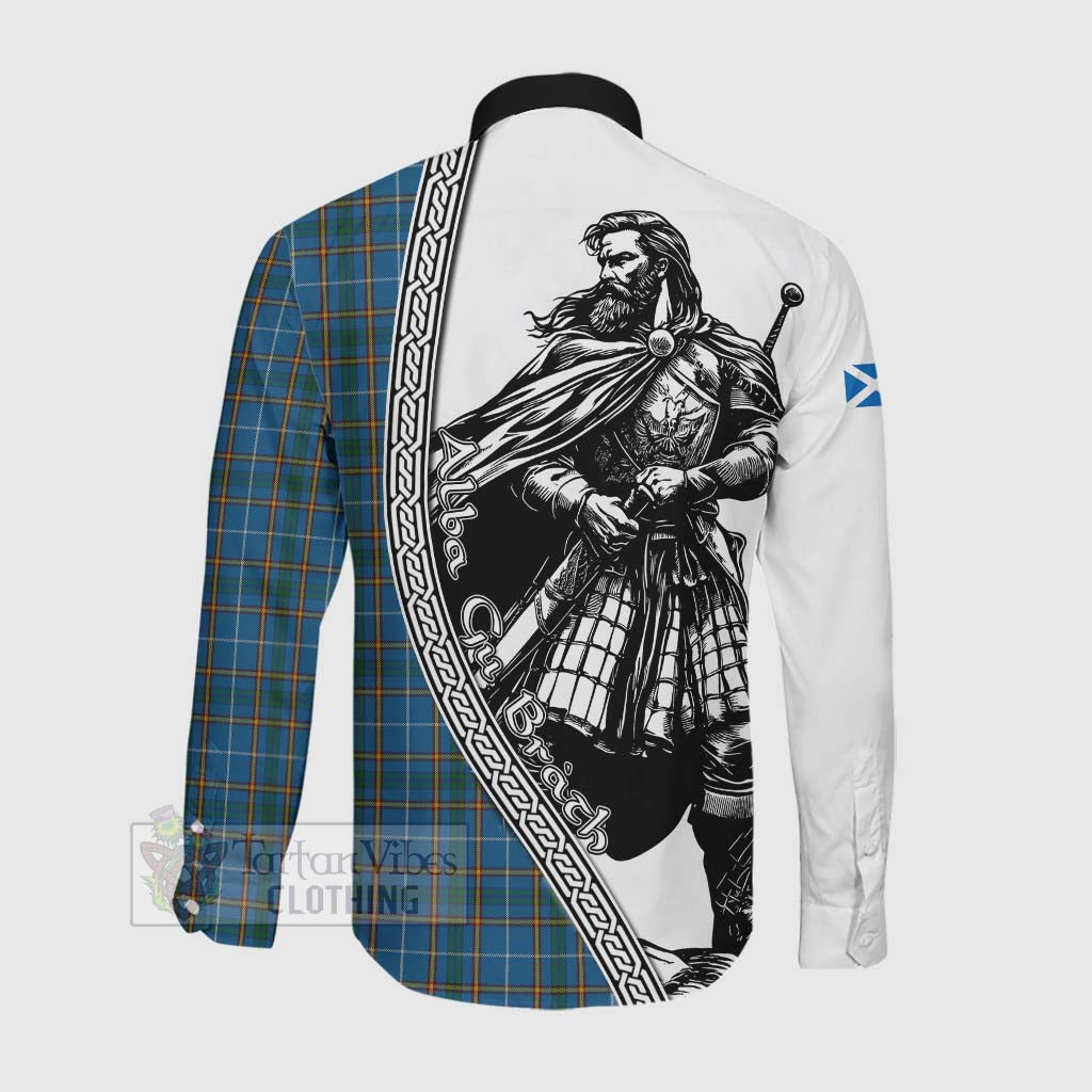 Bain Tartan Clan Crest Long Sleeve Button Shirt with Highlander Warrior Celtic Style Men's Shirt - Tartan Vibes Clothing