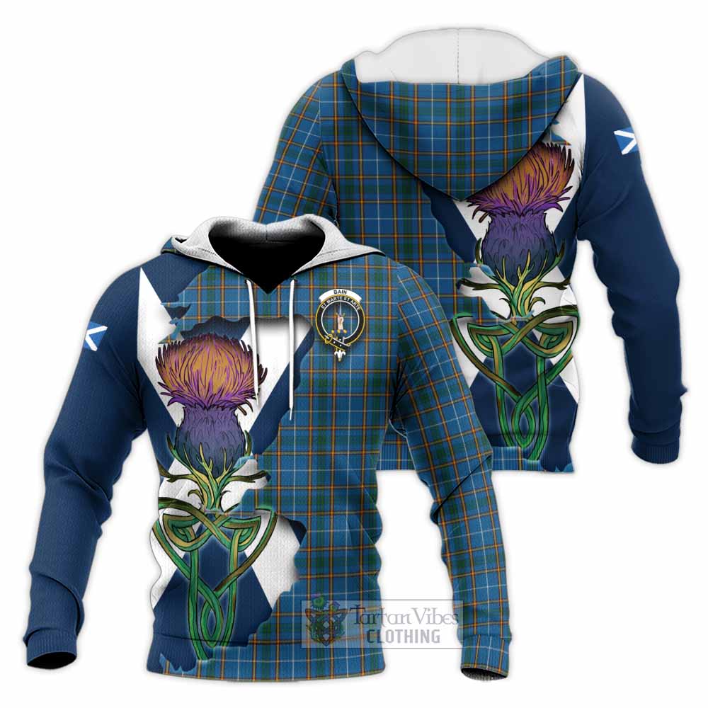 Tartan Vibes Clothing Bain Tartan Family Crest Knitted Hoodie Scottish Thistle Celtic Inspired