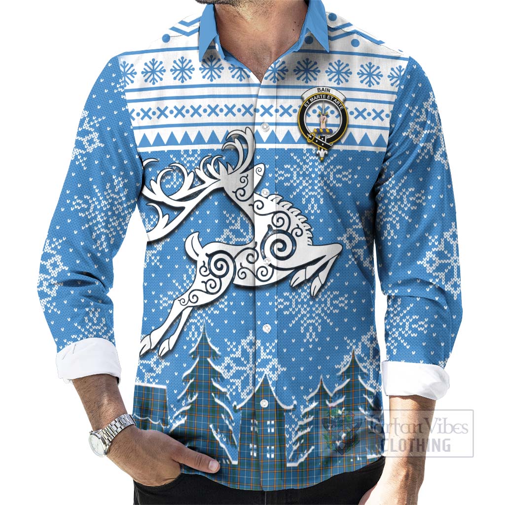 Bain Clan Christmas Long Sleeve Button Shirt Celtic Reindeer Style - Tartan Vibes Clothing