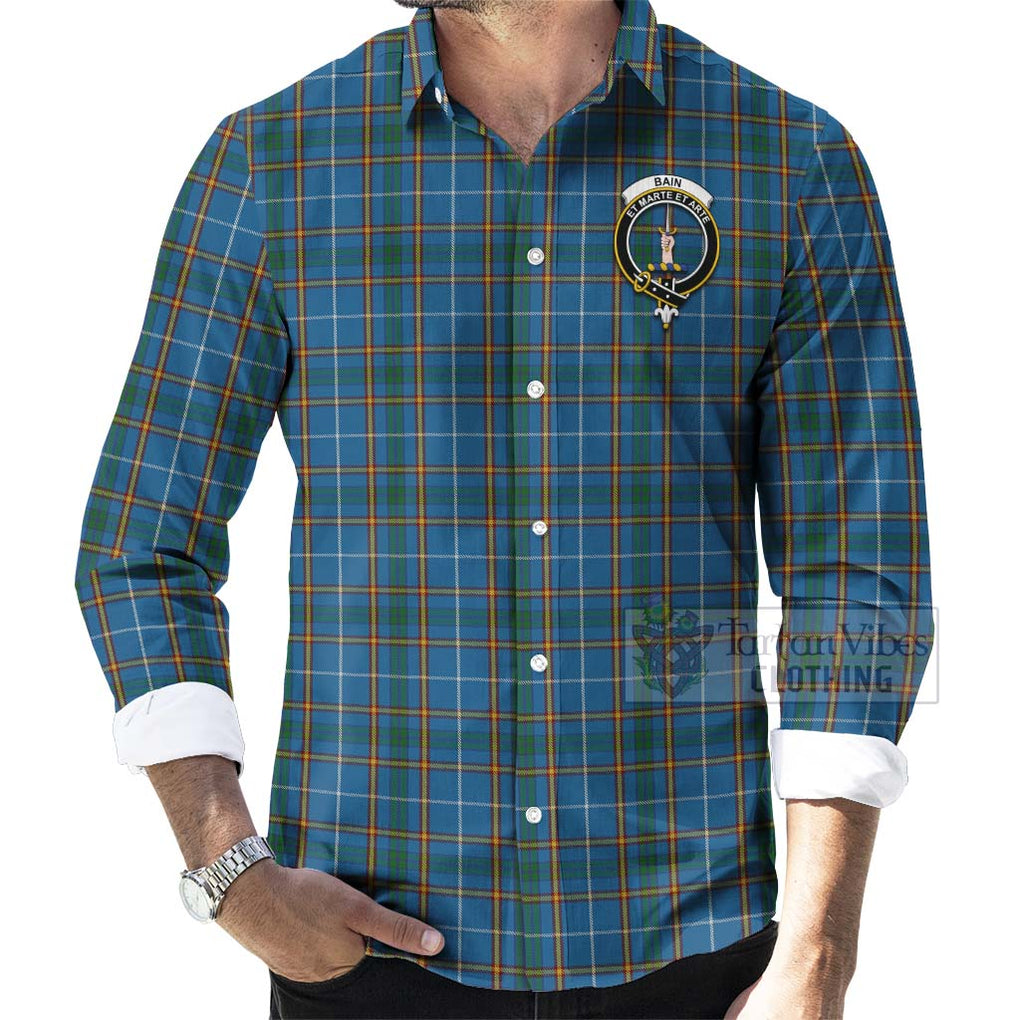 Bain Tartan Long Sleeve Button Shirt with Family Crest Celtic Skull Style - Tartan Vibes Clothing