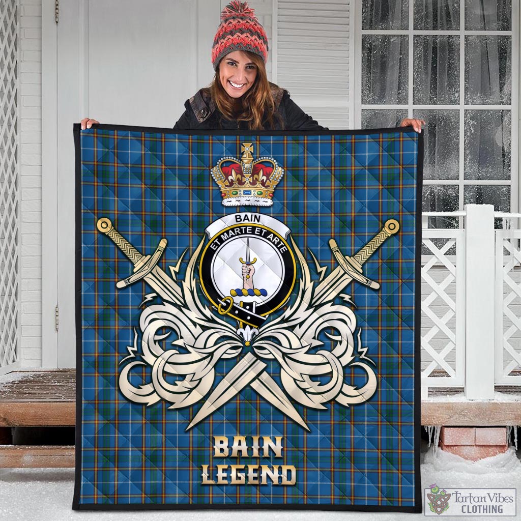 Tartan Vibes Clothing Bain Tartan Quilt with Clan Crest and the Golden Sword of Courageous Legacy