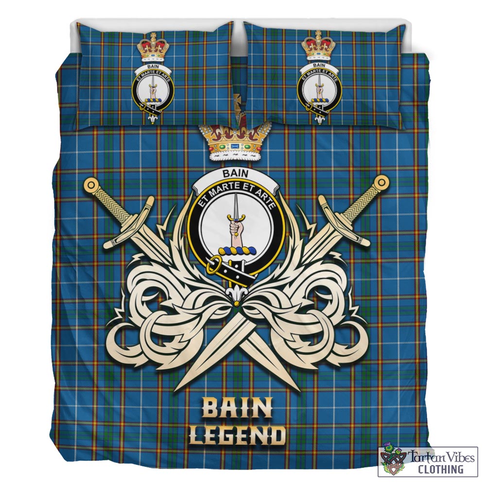 Tartan Vibes Clothing Bain Tartan Bedding Set with Clan Crest and the Golden Sword of Courageous Legacy