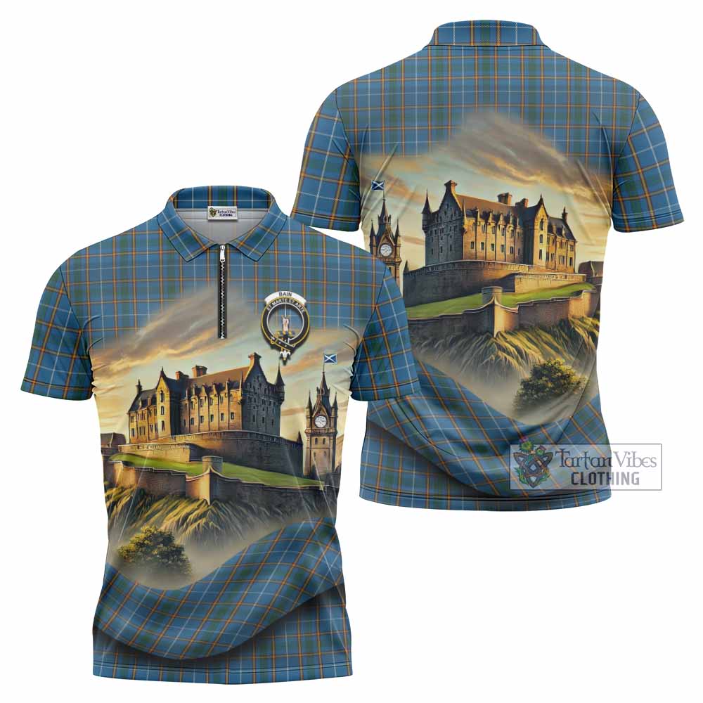Bain Tartan Family Crest Zipper Polo Shirt with Scottish Ancient Castle Style - Tartan Vibes Clothing