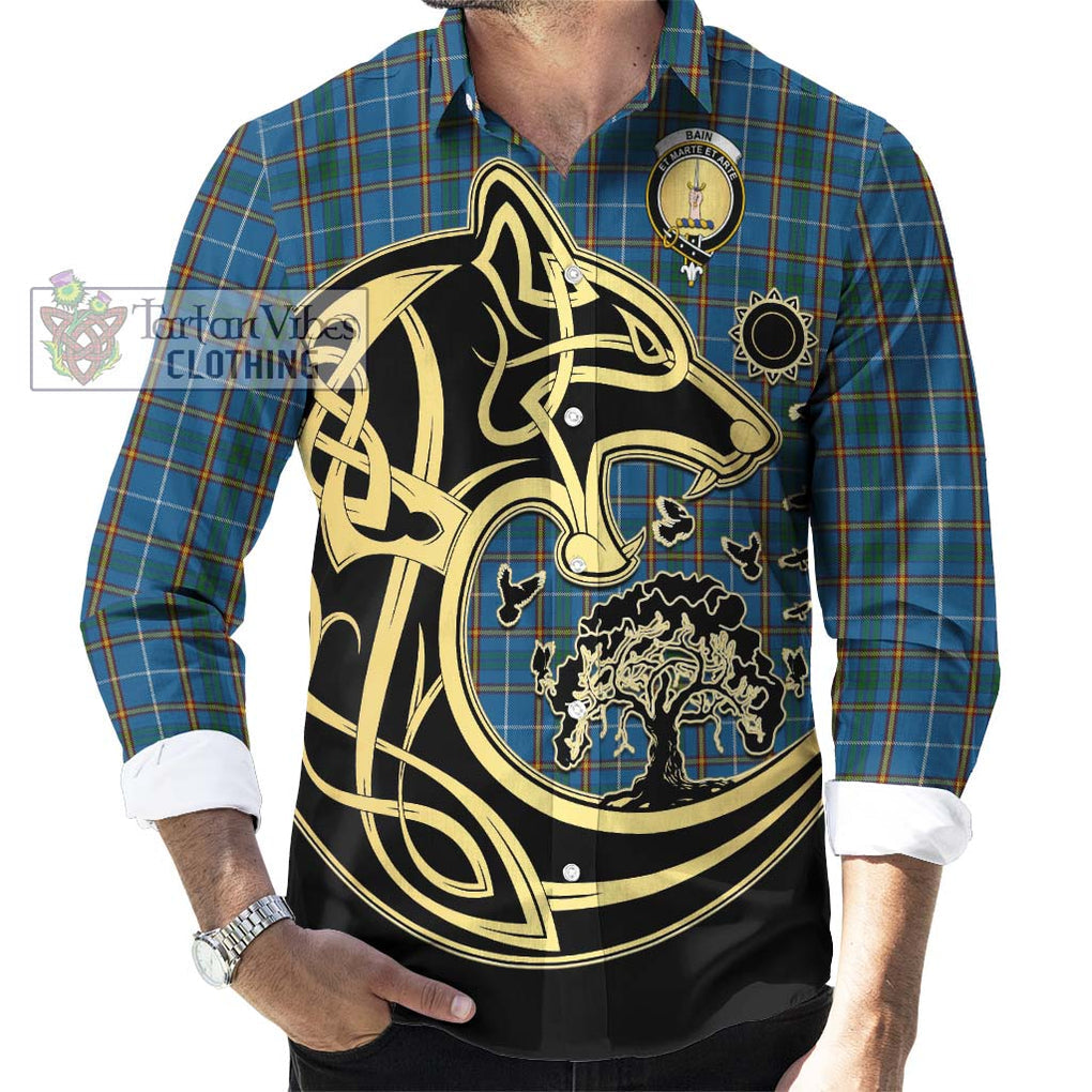 Bain Tartan Long Sleeve Button Shirt with Family Crest Celtic Wolf Style - Tartan Vibes Clothing