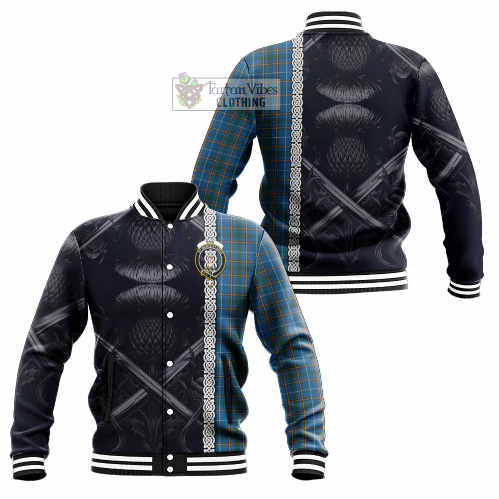 Bain Tartan Baseball Jacket with Family Crest Cross Sword Thistle Celtic Vibes - Tartan Vibes Clothing