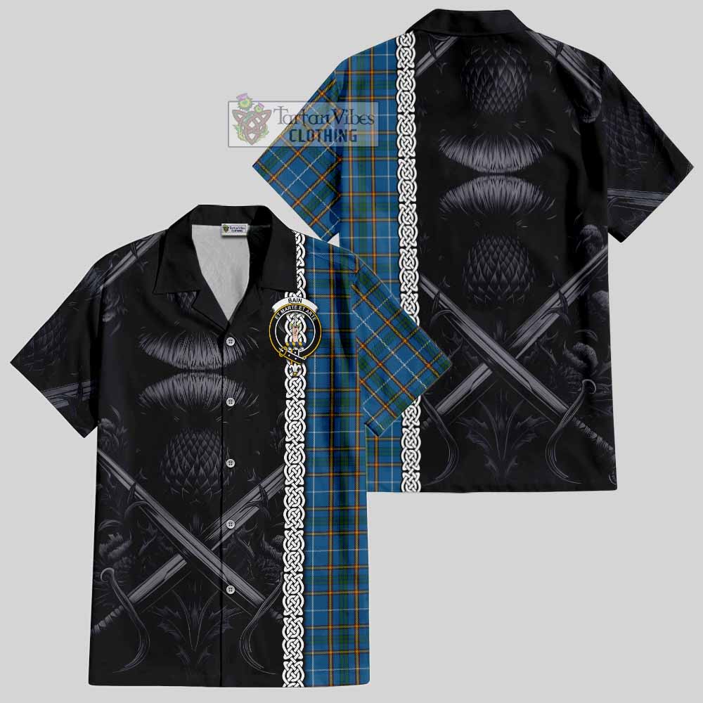 Bain Tartan Hawaiian Shirt with Family Crest Cross Sword Thistle Celtic Vibes - Tartan Vibes Clothing