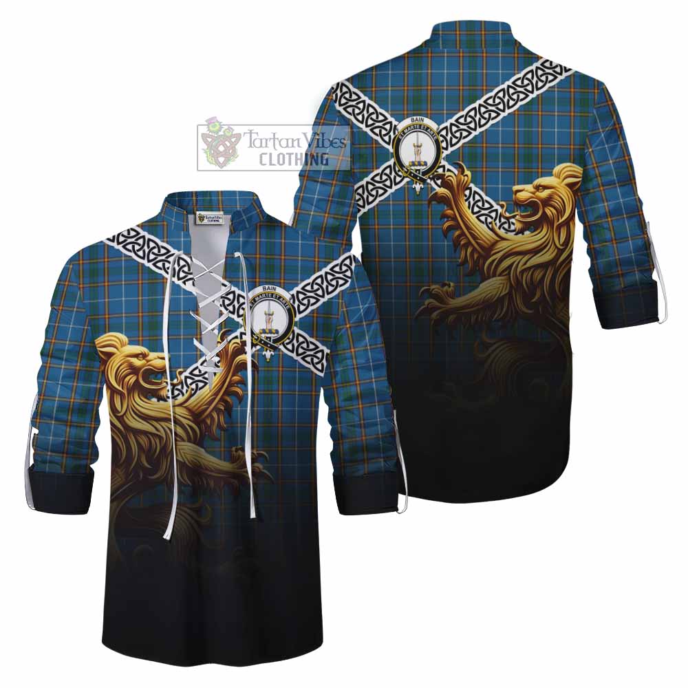 Bain Crest Tartan Ghillie Kilt Shirt with Golden Lion Emblem Celtic Style - Tartan Vibes Clothing