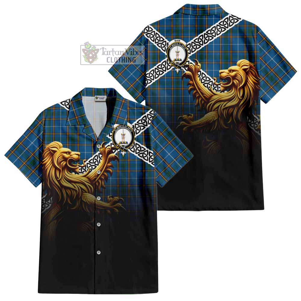 Bain Crest Tartan Hawaiian Shirt with Golden Lion Emblem Celtic Style - Tartan Vibes Clothing