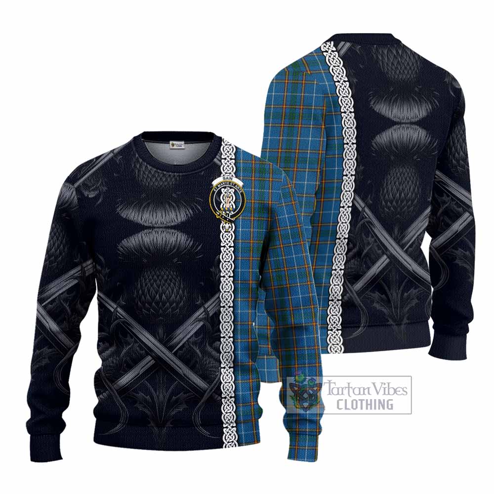Bain Tartan Knitted Sweater with Family Crest Cross Sword Thistle Celtic Vibes - Tartan Vibes Clothing