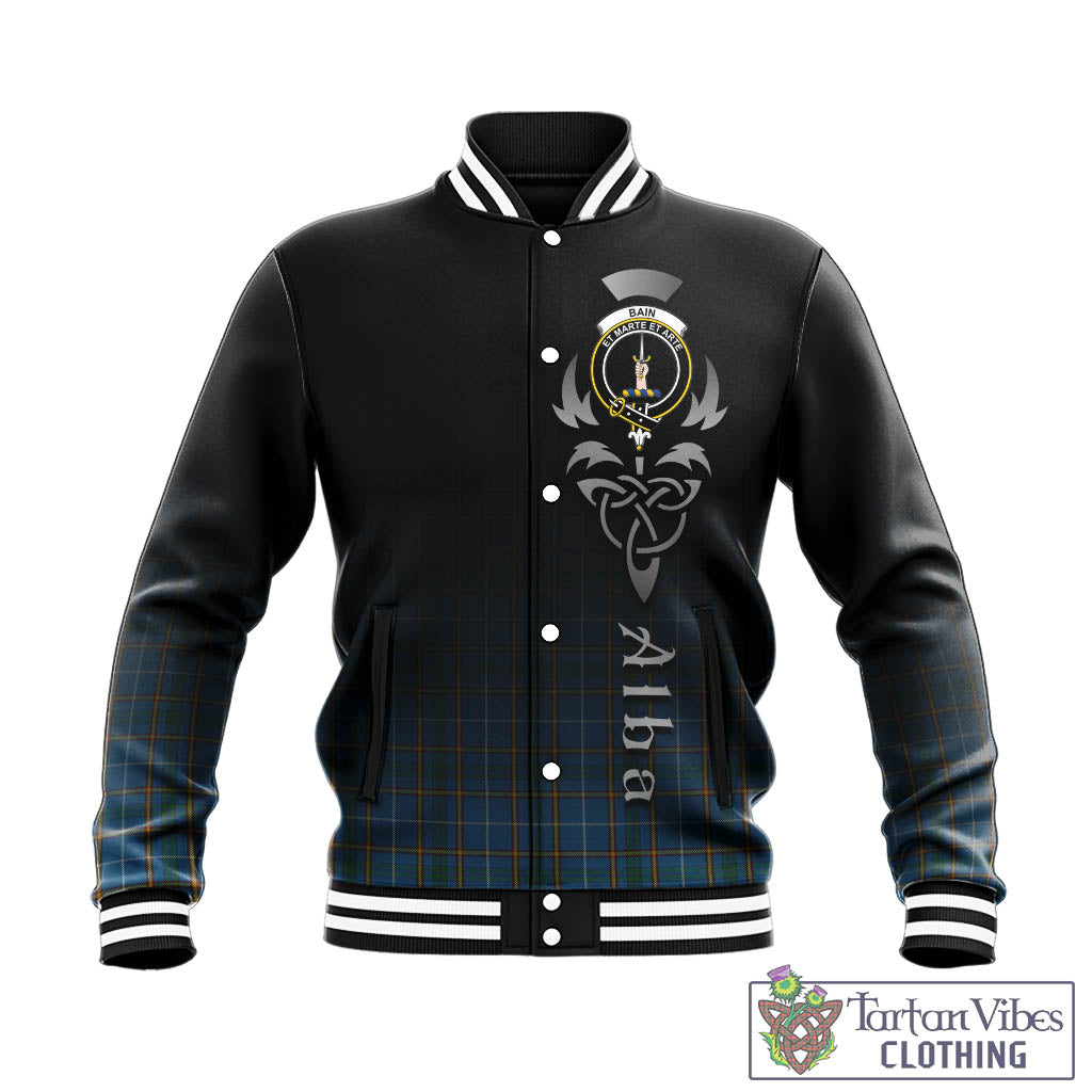 Tartan Vibes Clothing Bain Tartan Baseball Jacket Featuring Alba Gu Brath Family Crest Celtic Inspired