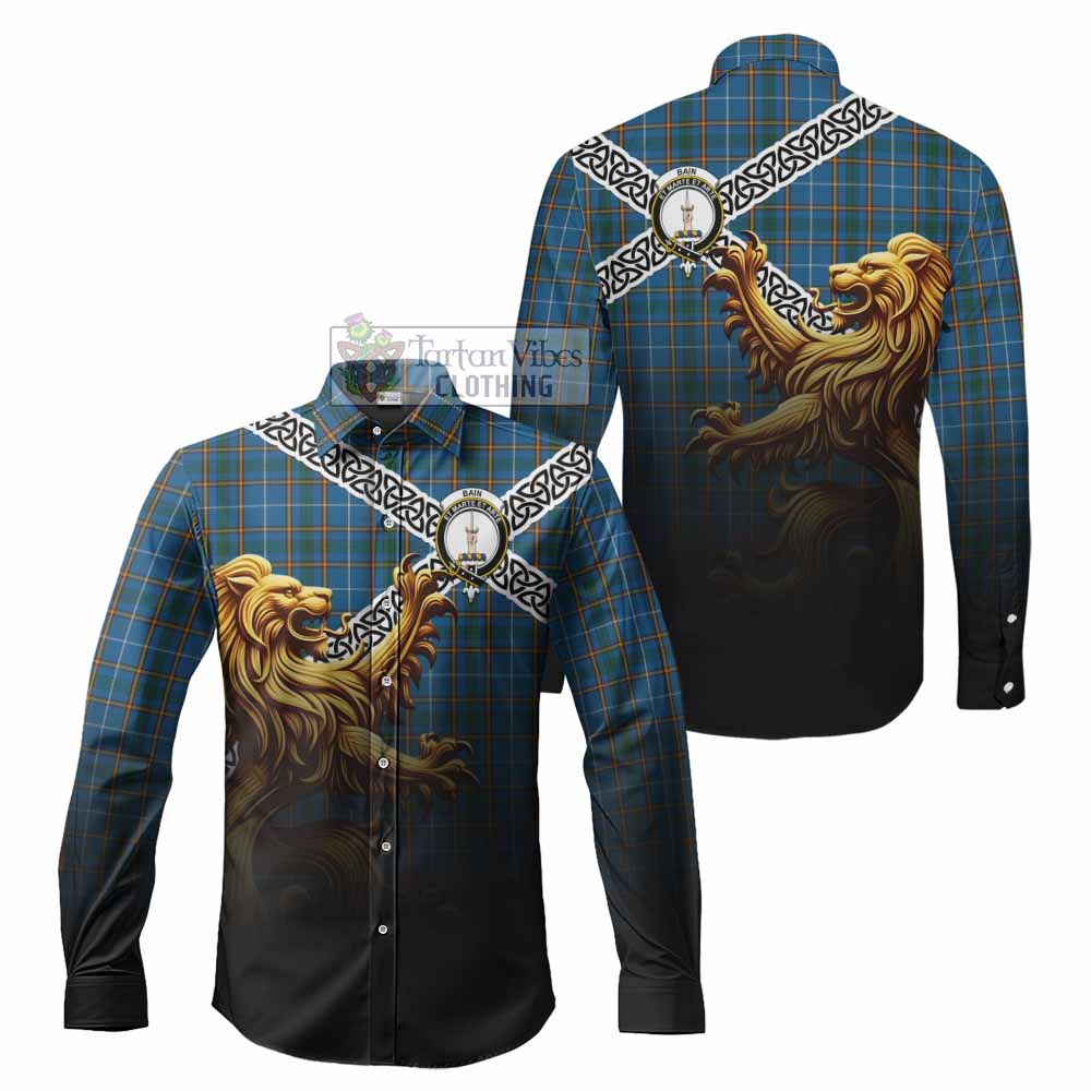 Bain Crest Tartan Long Sleeve Button Shirt with Golden Lion Emblem Celtic Style - Tartan Vibes Clothing