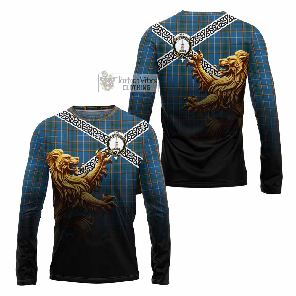 Bain Crest Tartan Long Sleeve T-Shirt with Golden Lion Emblem Celtic Style - Tartan Vibes Clothing