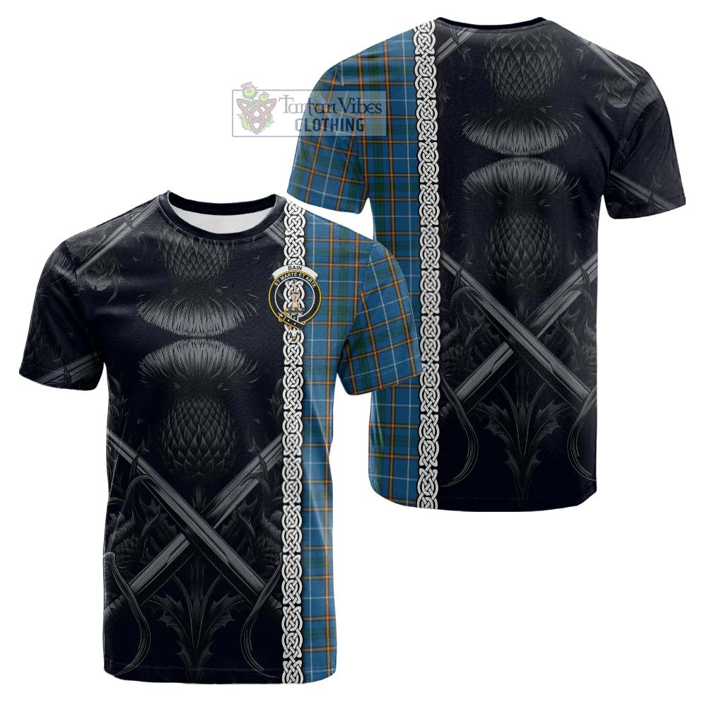 Bain Tartan Cotton T-shirt with Family Crest Cross Sword Thistle Celtic Vibes - Tartan Vibes Clothing