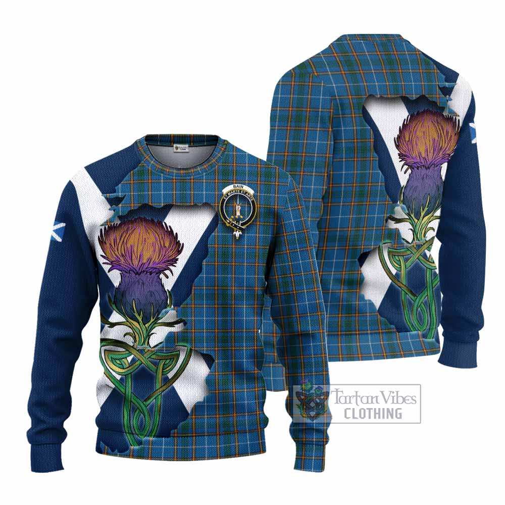 Tartan Vibes Clothing Bain Tartan Family Crest Knitted Sweater Scottish Thistle Celtic Inspired