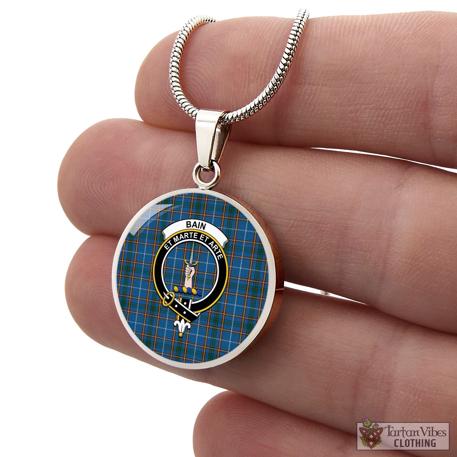 Bain Tartan Circle Necklace with Family Crest - Tartan Vibes Clothing