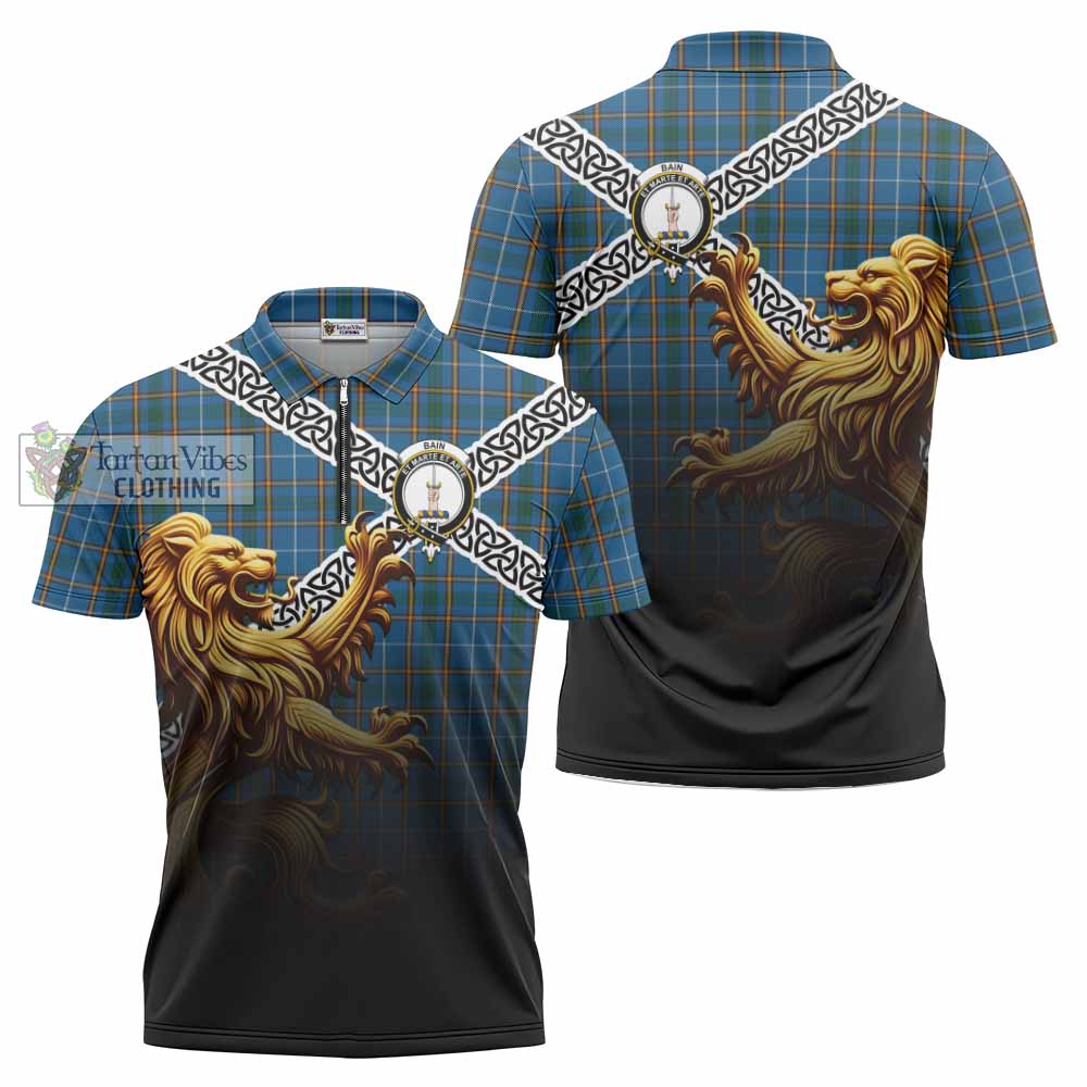 Bain Crest Tartan Zipper Polo Shirt with Golden Lion Emblem Celtic Style - Tartan Vibes Clothing