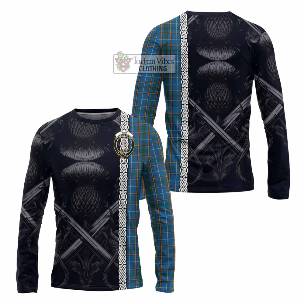 Bain Tartan Long Sleeve T-Shirt with Family Crest Cross Sword Thistle Celtic Vibes - Tartan Vibes Clothing